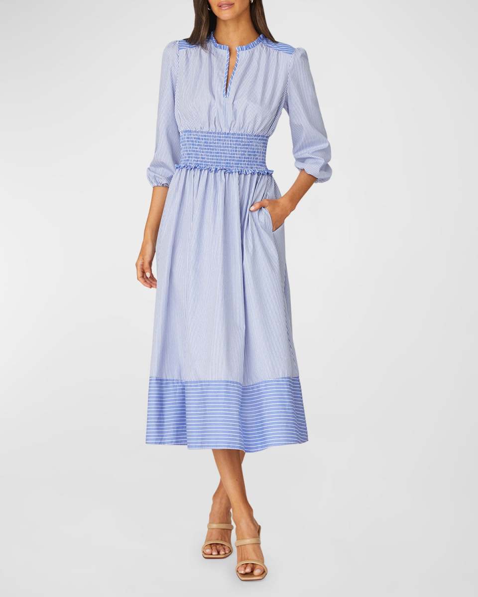 Eden Striped Split-Neck Smocked Midi Dress